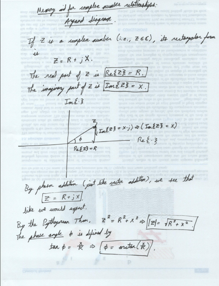 (Summary of complex number relationships. For any complex number Z = R + j X, the real part of Z is R, and the imaginary part of Z is X. The magnitude of Z is the square root of the quantity R squared plus X squared, and the phase of Z is the inverse tangent of X over R.)