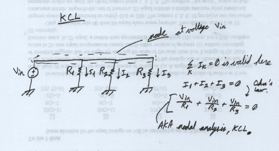 (A typical KCL analysis. A voltage source and 3 resistors are connected in parallel to one node, and, of course, the ground node. Applying KCL and Ohm's Law, we get an equation to solve for the input voltage V_in. That voltage can be used to solve for any output current through any resistor in the circuit.)